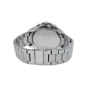 Back view of a stainless steel chronograph watch, showcasing its polished bracelet and transparent case back with branding detail.